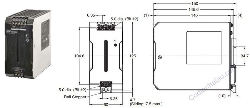 Kích thước lắp đặt Bộ nguồn Omron S8VK-C24024 10A 240W 24VDC